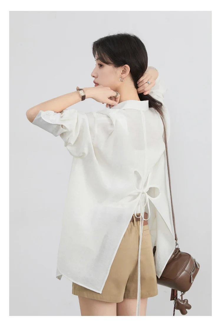 Women Long Sleeve Shirts Solid Loose Casual New Style Design Back Hollow Out Shirt Female Blouse Spring Summer 2026