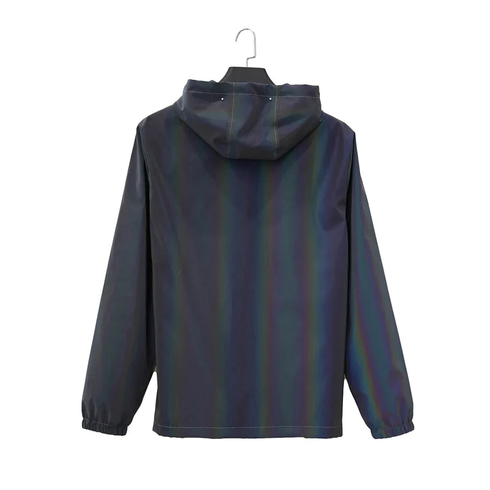 Men Reflective Jacket Gradient Colorful Hip-hop Streetwear Night Outdoor Hooded Windproof Coats Fashion Dance Skateboard Clothes