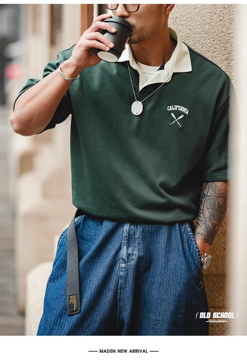 Contrasting Color Short Sleeve T-shirts for Men Summer Green Loose Fit Polo Shirt Casual Embroidery Tee Tops for Daily