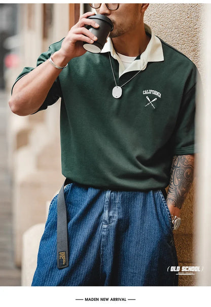 Contrasting Color Short Sleeve T-shirts for Men Summer Green Loose Fit Polo Shirt Casual Embroidery Tee Tops for Daily