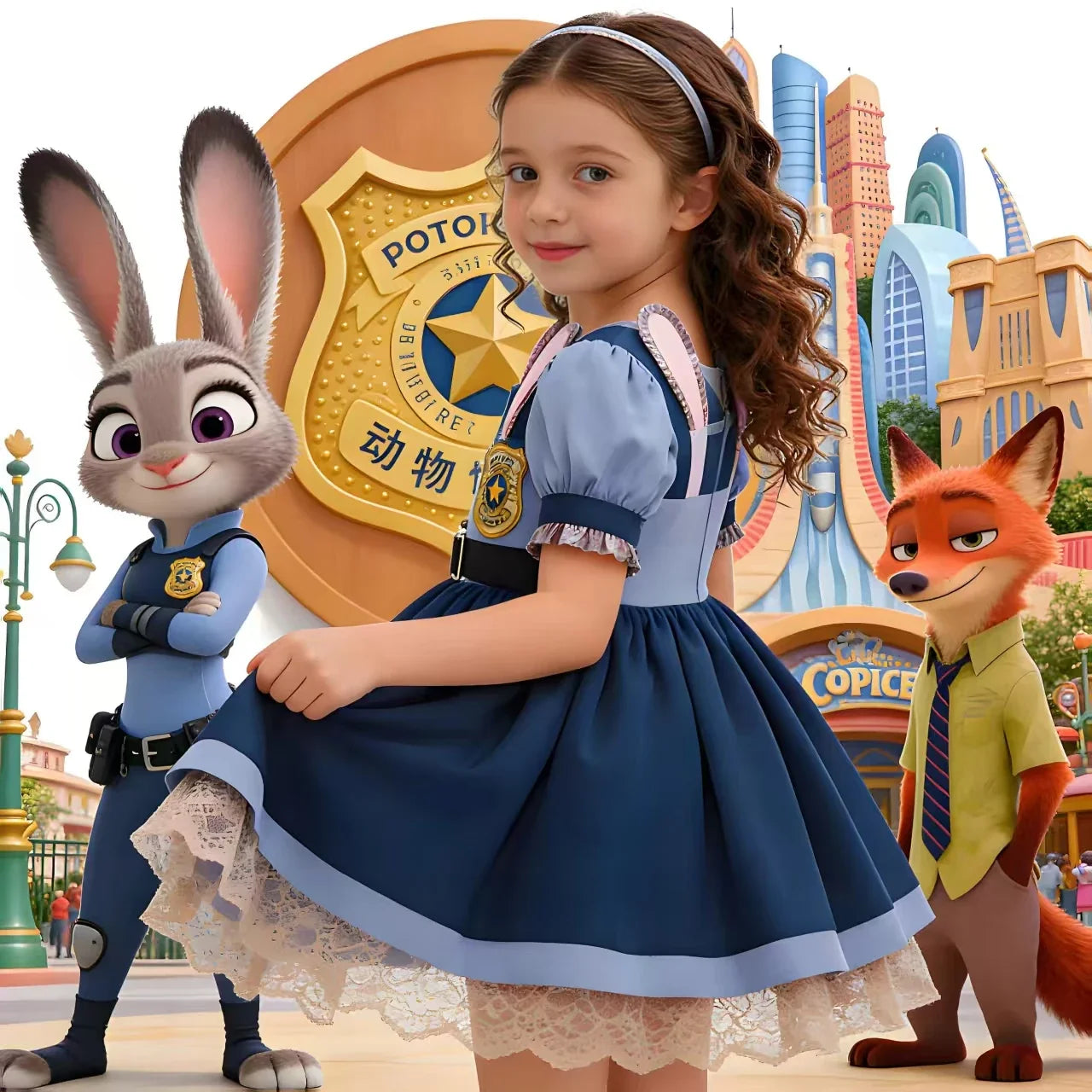 Girls Cosplay Zootopia 2 Police Officer Judy Bunny Dress For Kids Holiday Party Cute Dress With Accessories Fancy Set