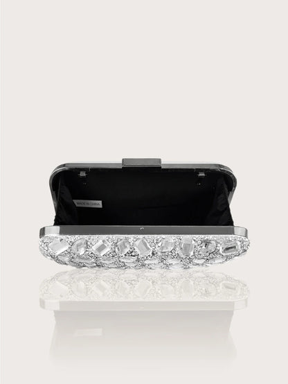 Fashionable and Luxurious, Simple Rhinestone Party Clutch and Box Bag, Exquisite and Elegant Women's Evening Bag, Paired with a Gorgeous Rhinestone Pendant Necklace, Bracelet, and Earrings Four-Piece Set, Perfect Wallet for P