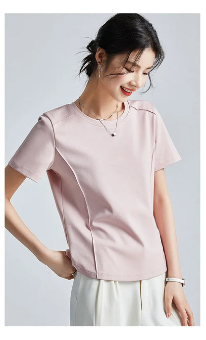 Summer Women's White Mercerized Cotton T-Shirt | 3D Stitching Round Neck Basic Top | Plus Size Slim Fit Layered Casual Blouse
