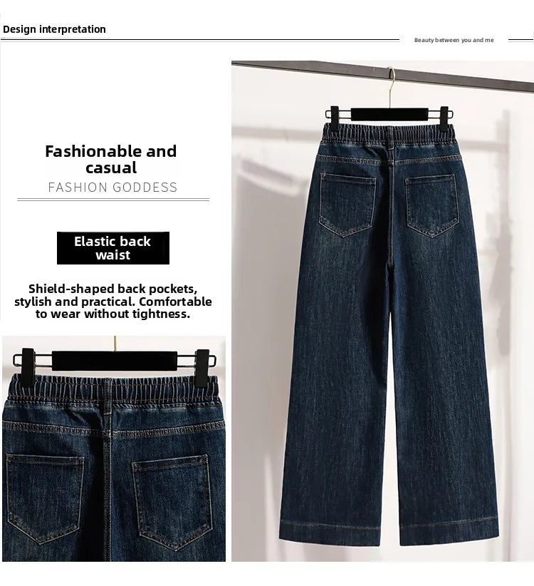 Slimming Wide Leg Jeans Women's Casual Straight Cut Spring Autumn ular plus Size Cotton Stretch Denim Pure Color