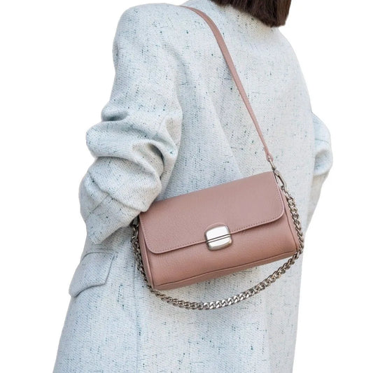 Supple Genuine Leather Women's Barrel Crossbody Bag - Commuter-Friendly Small Chain Strap Shoulder Bag for Everyday Chic