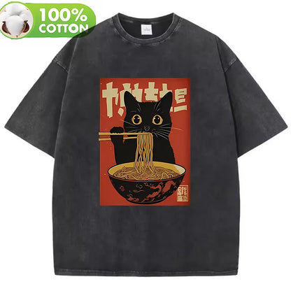 T Shirt Vintage Washed 100% Cotton T-Shirt Black Retro Cat Eating Ramen Graphic Tee Casual Streetwear for Spring Summer Fall