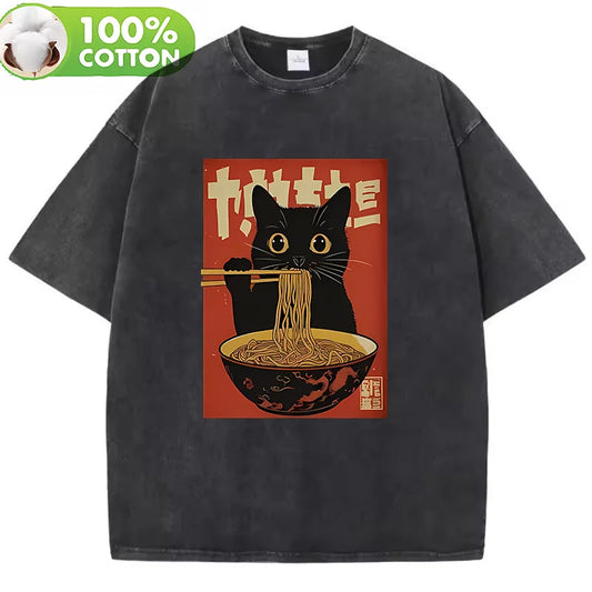 T Shirt Vintage Washed 100% Cotton T-Shirt Black Retro Cat Eating Ramen Graphic Tee Casual Streetwear for Spring Summer Fall