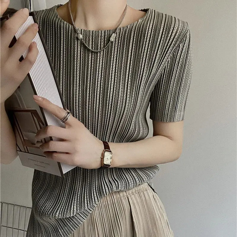Miyake Pleated Short Sleeve Women's 2023 Summer New Thin Stretch Crew Neck All-Matching Slim Fit Pleated Hollow T-shirt Women