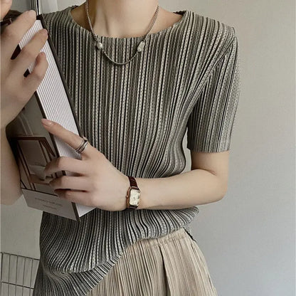 Miyake Pleated Short Sleeve Women's 2023 Summer New Thin Stretch Crew Neck All-Matching Slim Fit Pleated Hollow T-shirt Women
