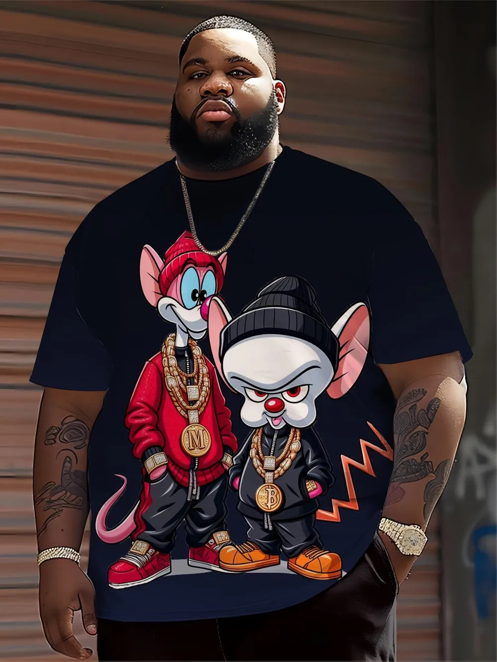 Men's Hip Hop Cartoon Animal Printed Round Neck T-shirt 100% Polyester Fabric Summer Street Top Suitable for Daily Wearing