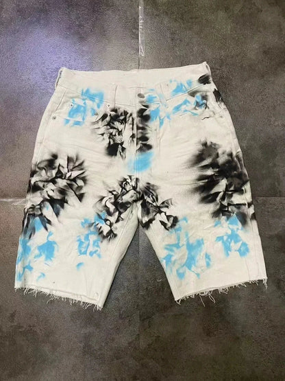 Men's White Shorts Print Slim Casual Denim Shorts Jeans High Street Knee Length Shorts