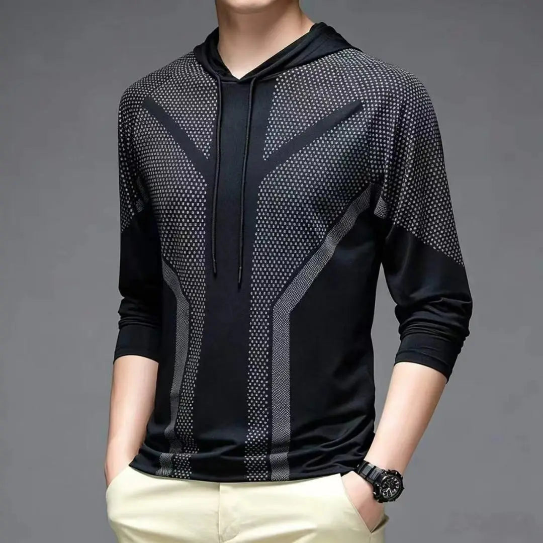 Men's Casual Solid Color Quick Dry Breathable Elastic Thin Long Sleeve T-Shirt with Hood for Spring/Summer Fitness And Sports