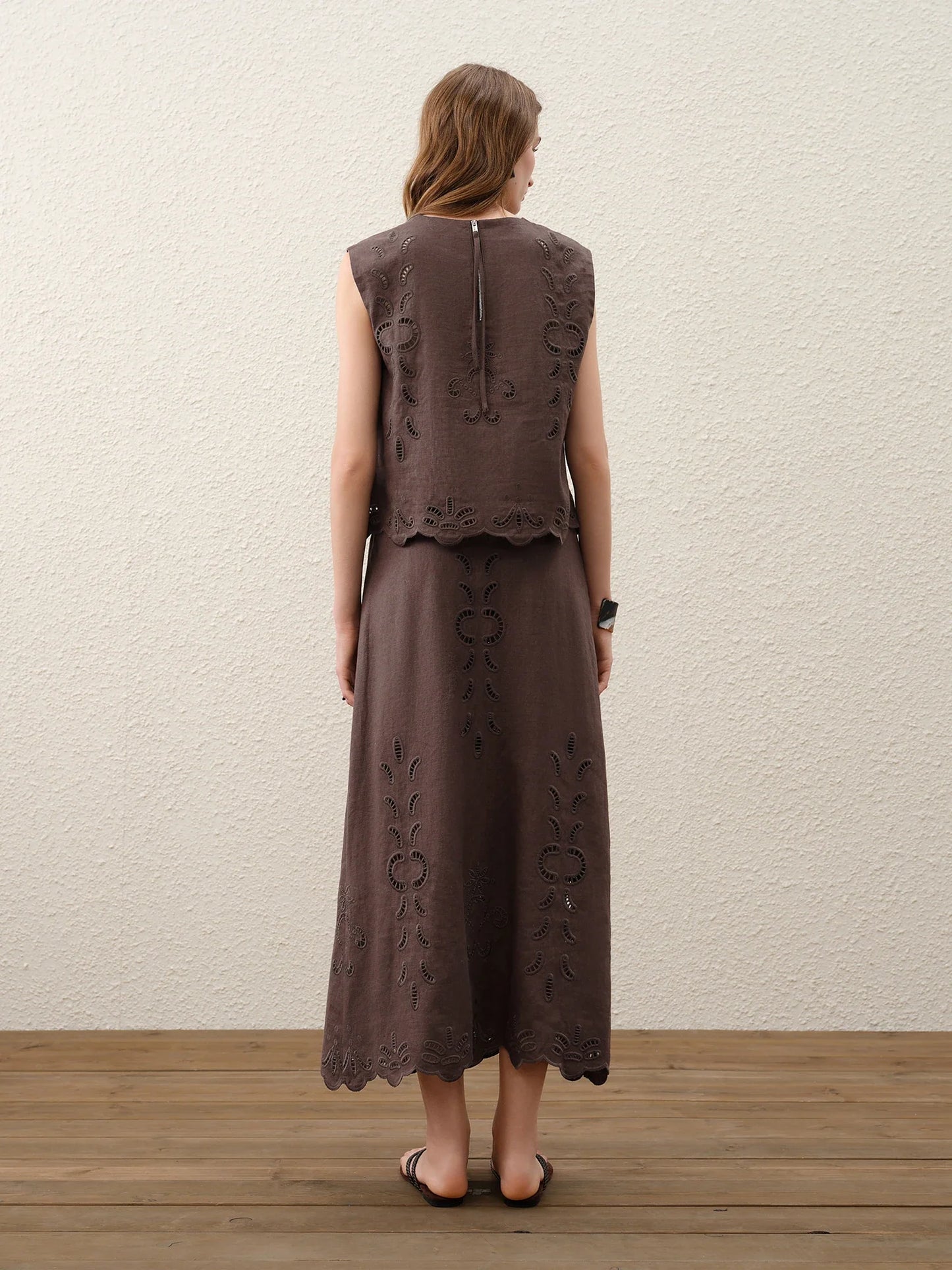 Summer Women Linen Two Piece Set Cut-Out Embroidered Sleeveless Top Midi Skirt Boho Beach Vacation Style