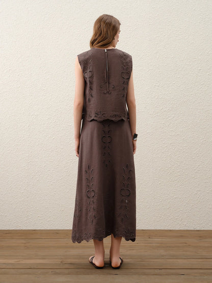 Summer Women Linen Two Piece Set Cut-Out Embroidered Sleeveless Top Midi Skirt Boho Beach Vacation Style