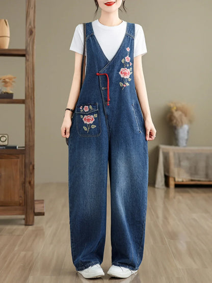 Spring 2025 New Vintage Large Size Loose Embroidered Denim Overalls High Waist Long Pants Women's Faion Casual Jeans