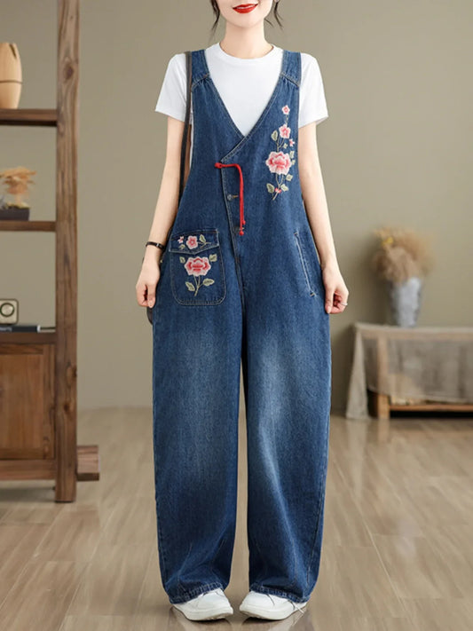 Spring 2025 New Vintage Large Size Loose Embroidered Denim Overalls High Waist Long Pants Women's Faion Casual Jeans