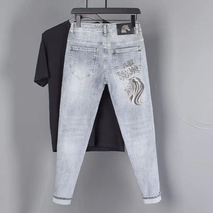 New Slim Fit Casual Jeans with Heavy Duty Ironing Drills Prints Branded Korean Style Clothes for Men Streetwear Washed Jeans