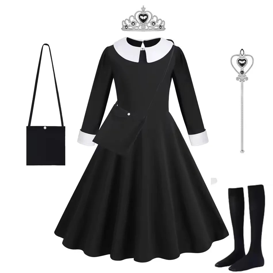 Vinagte Gothic Black Dress Girls Role Playing Costume Toddler Halloween Cosplay Apparel