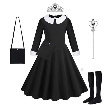Vinagte Gothic Black Dress Girls Role Playing Costume Toddler Halloween Cosplay Apparel