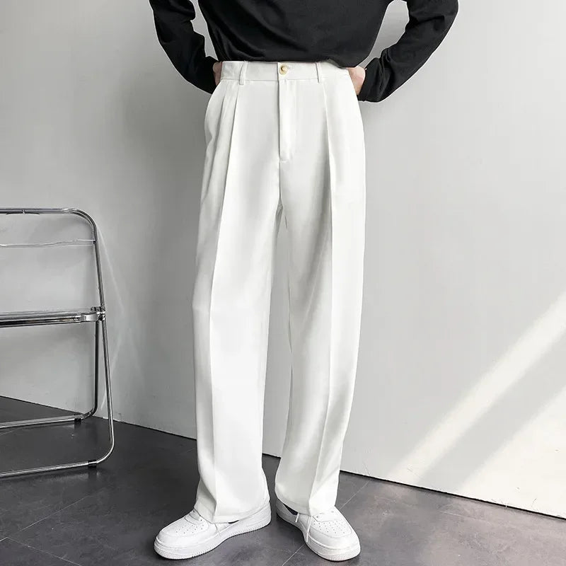 2024 Spring Autumn Men's Fashionable White Korean Style Casual Pants Street Draped Straight Loose Suit Casual Trousers Male