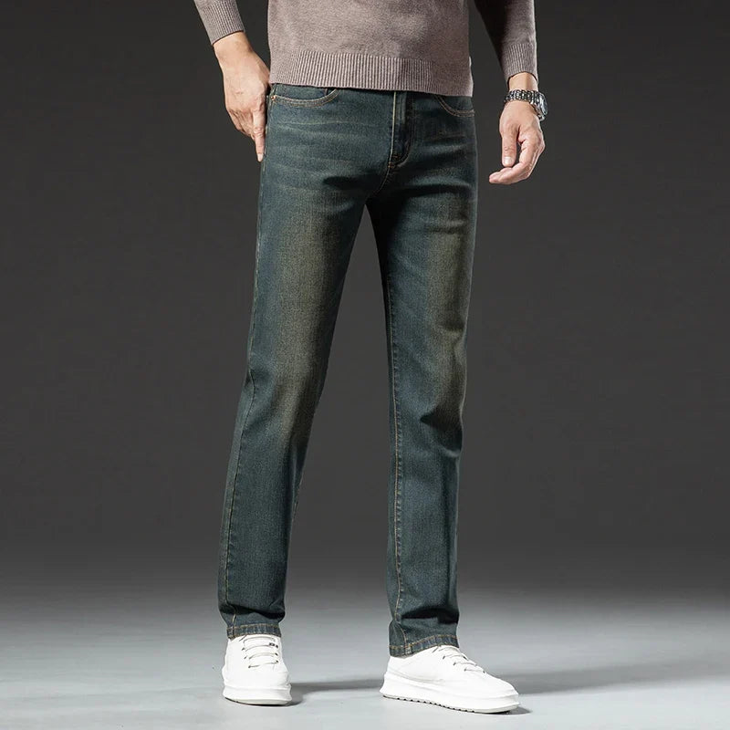 High Quality Winter Jeans Men's Warm Fleece Thickened Elastic Denim Pants Fashion Straight Elastic Retro Plush Velvet Pants