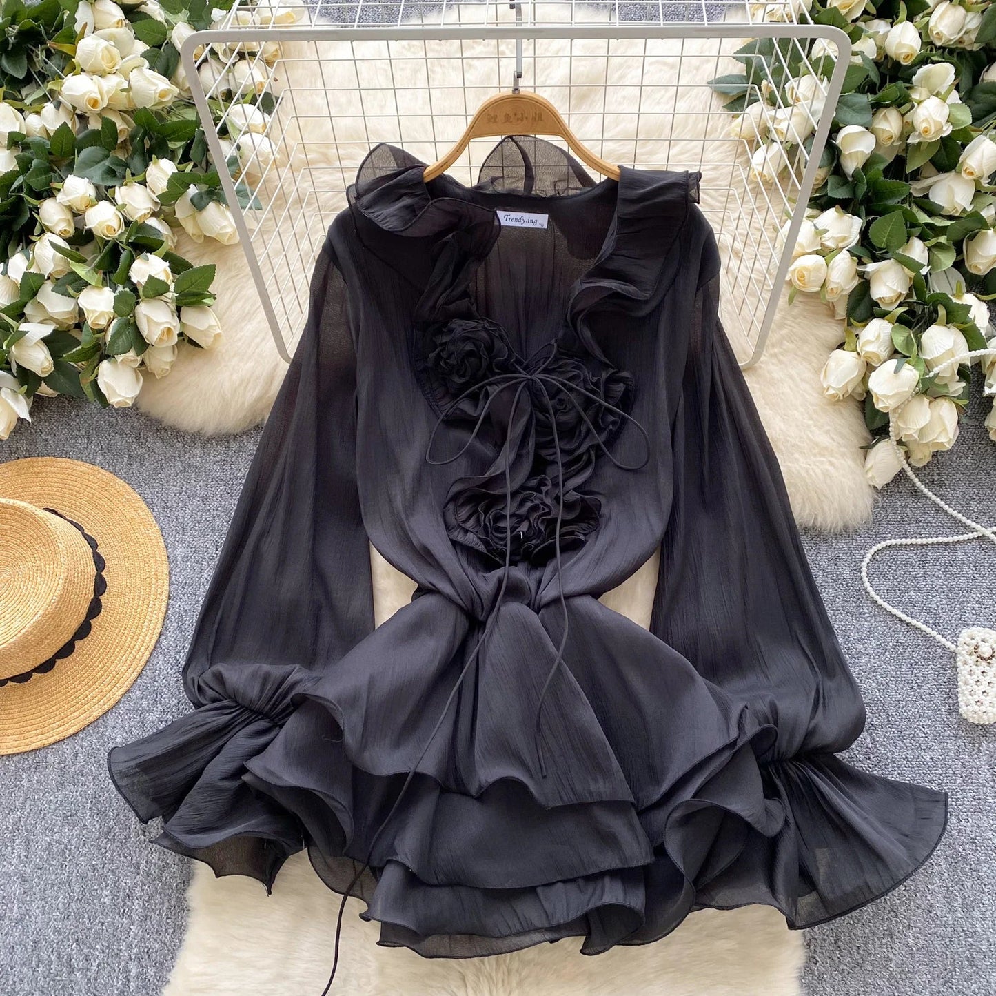 3D Floral Beach Short Dress Female Long Sleeves Lace Up Ruffle Chiffon Cake Sundress Sheer Sexy Vintage Bohemian Dress