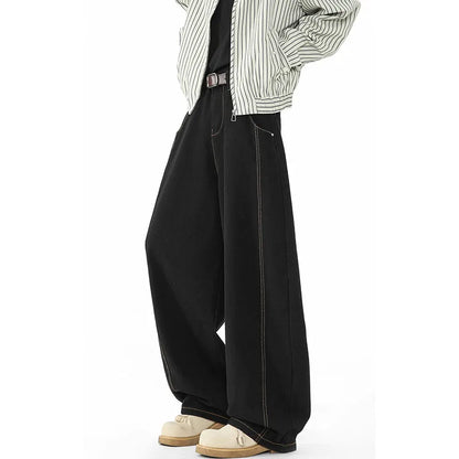 Japanese Korean Casual Black Straight Leg Jeans Men'S Spring Autumn Jeans High Street Loose Pants Wide Leg Pants