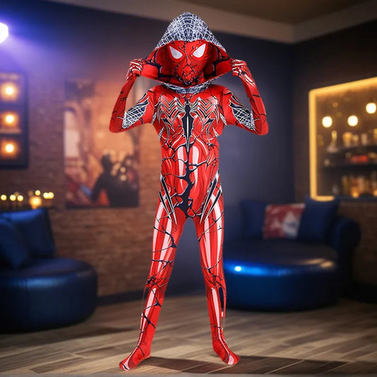 Kids Red  Spider Costume with Mesh Mask Zipper Hooded Jumpsuit for Halloween Party Cosplay Mardi Gras Performance Costume