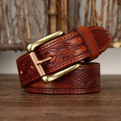 3.8CM Pure Cowhide Genuine Leather Retro Fashion Personality Embossed Belts for Men Luxury Brand Design Male Copper Buckle Belts
