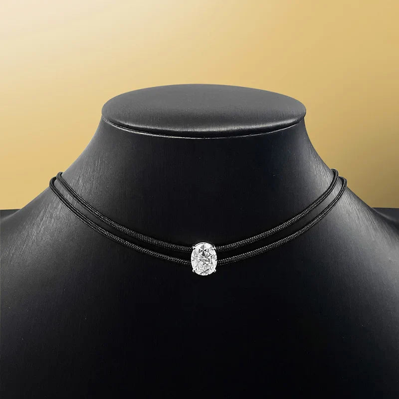 3CT Moissanite Braided Cord Necklace for Women Adjustable Choker Chain Dainty Oval Cut Birthday Gift S925 Pure Silver