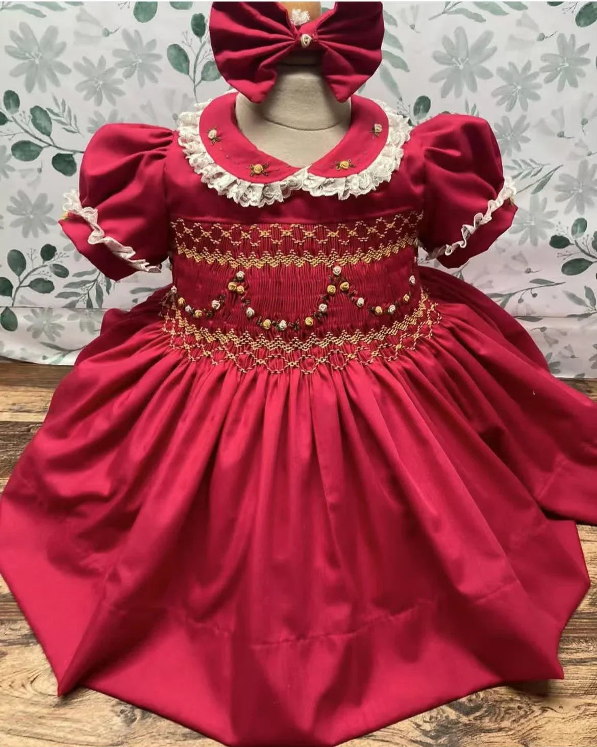 Baby Girl Summer Red Flower Handmade Embroidery Smocked Dress for Christmas Eid Birthday Party Holiday Photography Casual A189