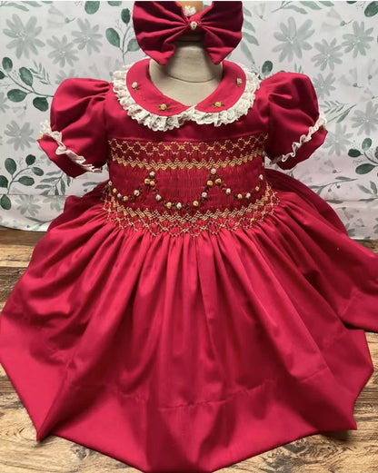 Baby Girl Summer Red Flower Handmade Embroidery Smocked Dress for Christmas Eid Birthday Party Holiday Photography Casual A189
