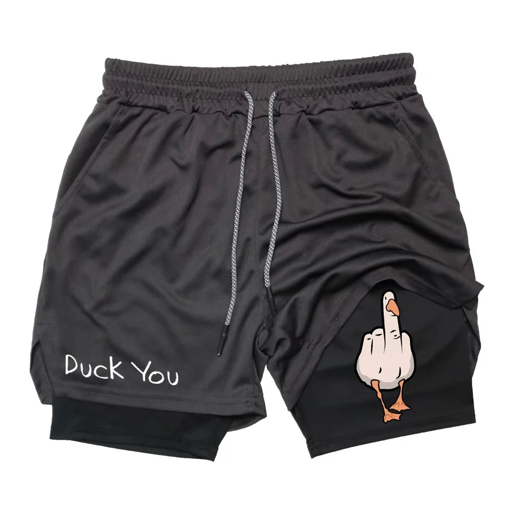 Cartoon Duck Print Men's Shorts Summer Double Layer Letter Print  Quick Drying Pants Fitness Tracksuit Beach Short Pants