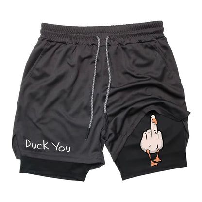 Cartoon Duck Print Men's Shorts Summer Double Layer Letter Print  Quick Drying Pants Fitness Tracksuit Beach Short Pants