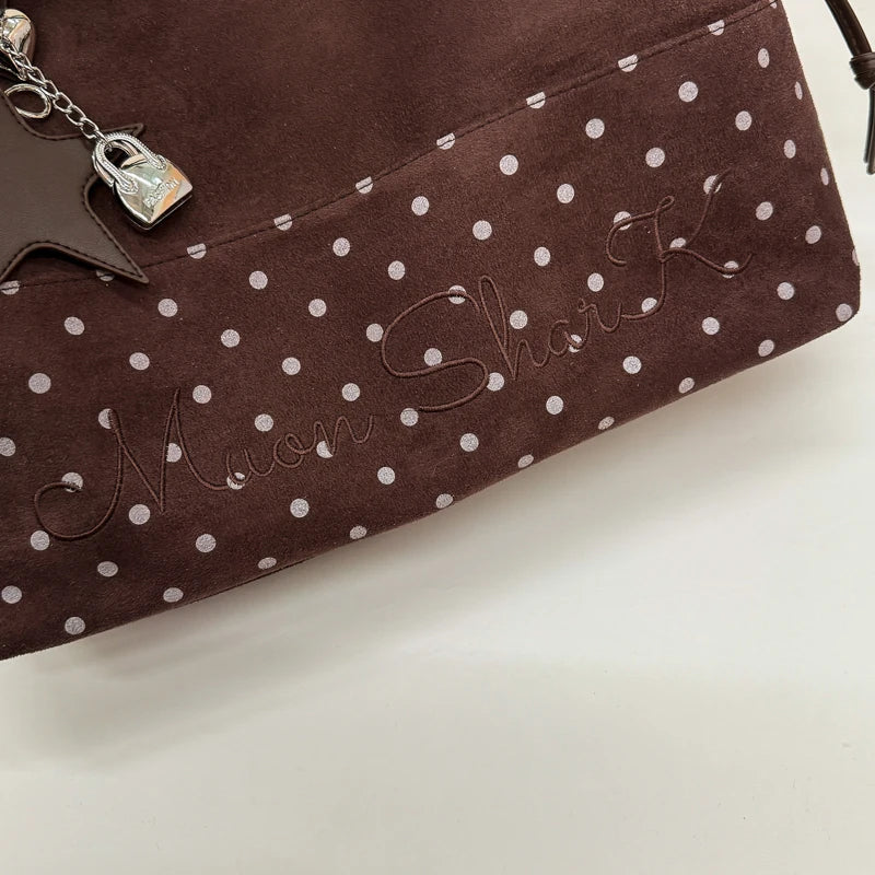 Vintage Frosted Tote Bag Casual Students Purse Large Capacity Shoulder Bag Polka Dot Drawstring Zipper Handbag With Star Pendant