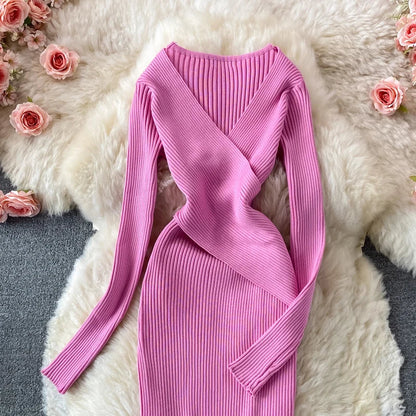 Autumn Winter 2025 Women Dress Elegant Cross V-neck Slim Waist Knitted Bodycon Dress Korean Office Lady Vestidos