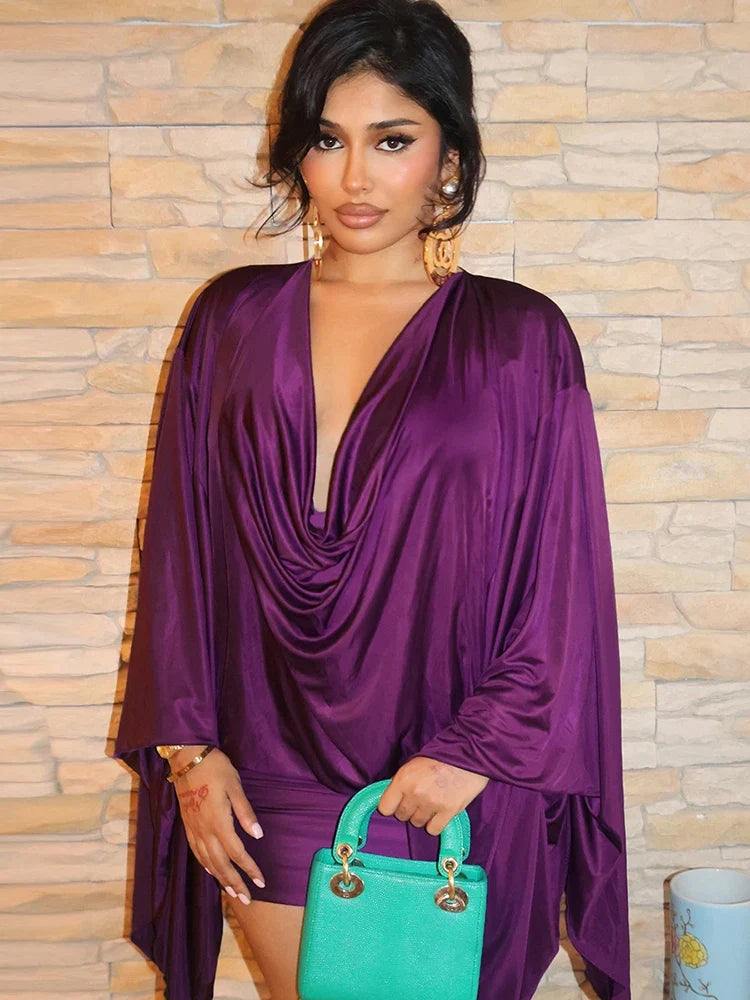 2026 Spring Elegant Classic Satin Dress Women Y2K Deep V-Neck Swing Long Sleeve Simple Midnight Clubwear Midnight Skinny Bodycon