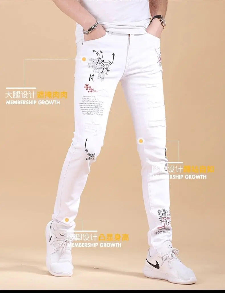Harajuku Korean Luxury Clothing Men's White Slim Jeans with Printed Ripped Holes Autumn Hip Hop Distressed Cotton Trousers Male