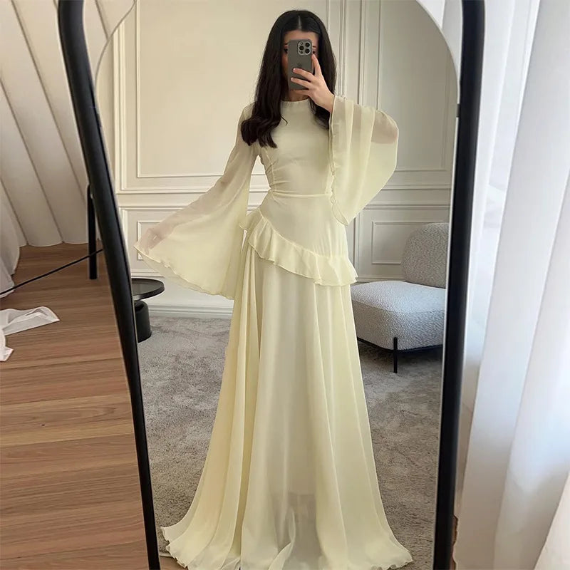 Women Chiffon Solid Ruffled Dress Flare Sleeve Round Neck 2025 New Elegant Maxi Gown Evening Party Fashion Holiday Lady