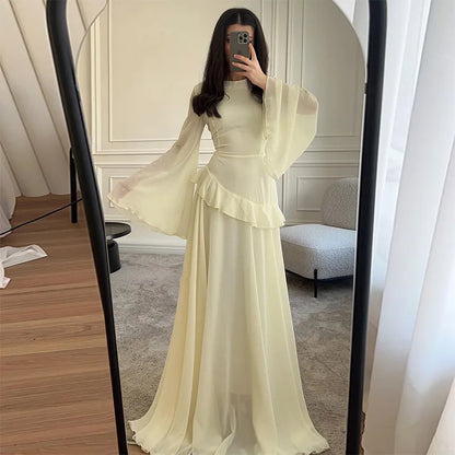 Women Chiffon Solid Ruffled Dress Flare Sleeve Round Neck 2025 New Elegant Maxi Gown Evening Party Fashion Holiday Lady
