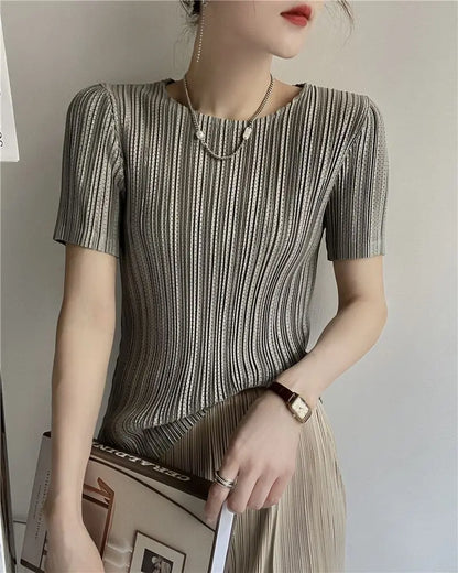Miyake Pleated Short Sleeve Women's 2023 Summer New Thin Stretch Crew Neck All-Matching Slim Fit Pleated Hollow T-shirt Women