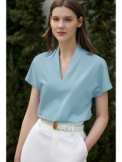 Minimalism 2026 Summer Women's T-shirt Classic Style Casual V-neck Short Sleeve Solid Stretch Female Tops & Tees 12612011