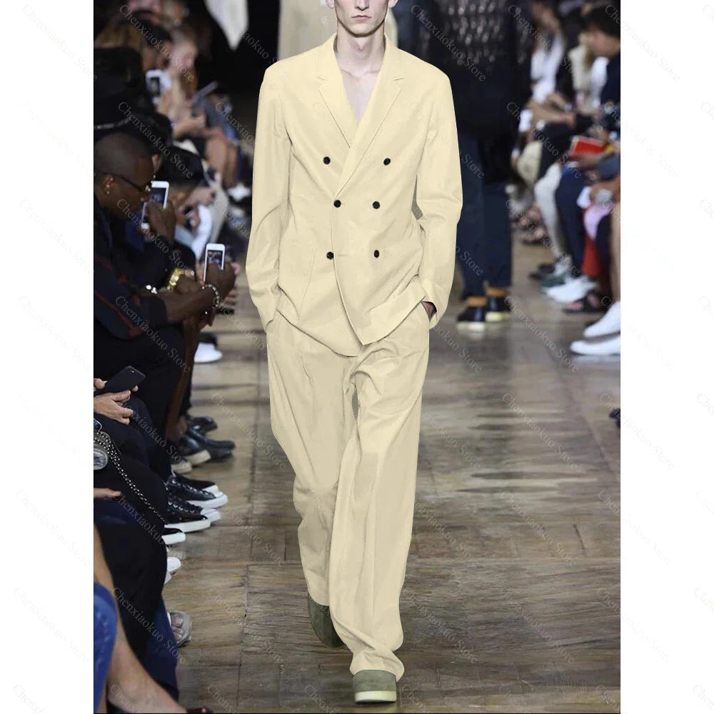 White Men Suits Summer Fashion Notch Lapel and Double Breasted Men's Clothing Smart Casual Daily 2 Piece Set Blazer Pants 2025
