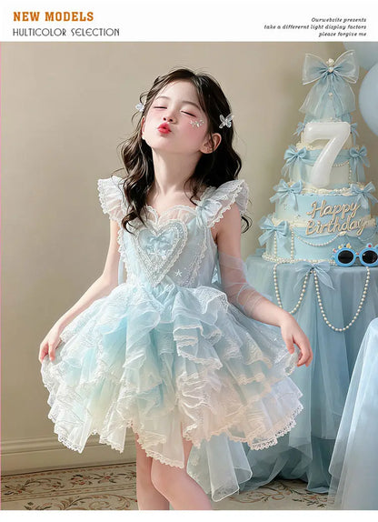 Baby Girls Sweet Sleeveless Lolita Princess Dress New 2026 Summer Childrens Elegant Lace Trim Tulle Bow Train Performance Gown