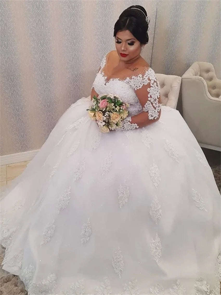 Wedding Dress Plus Size Illusion Long Sleeve Pearls Beading Appliques White Bridal Gowns vestido de noiva