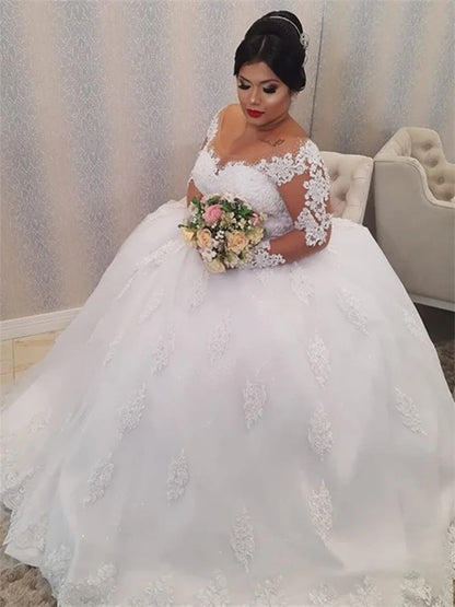 Wedding Dress Plus Size Illusion Long Sleeve Pearls Beading Appliques White Bridal Gowns vestido de noiva