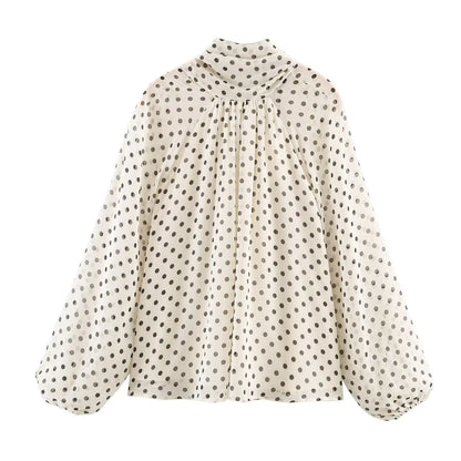Women Polka Dot Print Blouse Casual High Collar Long Sleeve Lady Top Simple Women's Blouse Female Shirts & Blouses
