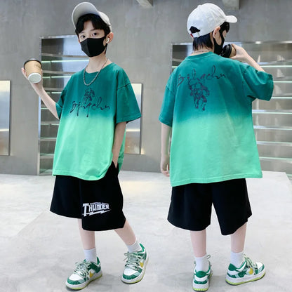 Kids Boy New Summer Suit Tie Dye T-shirt + Cargo Shorts 2 Pieces Tracksuit for Teens Child Shorts Sleeve Clothing Set Age 4 - 14