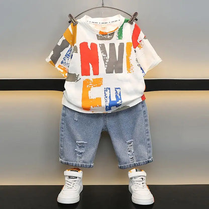 Korean Baby Boys Summer Sets Children's Clothing Short-Sleeved Letter T-Shirt & Denim Shorts Kids Boys Outfits Clothes 2-11Y