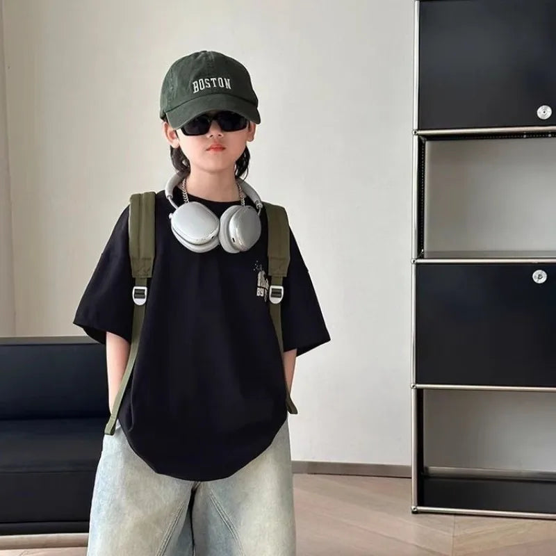 Black Graffiti Letters Pure Cotton Short Sleeve T-Shirt for Tween Boys Loose Fit Summer Youthful Wear Kids Outerwear Clothing